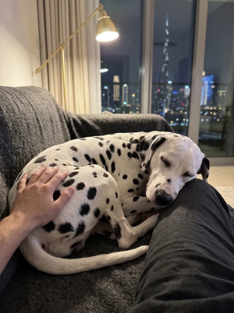 Dalmatian in Dubai, an adult asleep on a charcoal throw against a knee, a brass lamp and the lit skyline behind