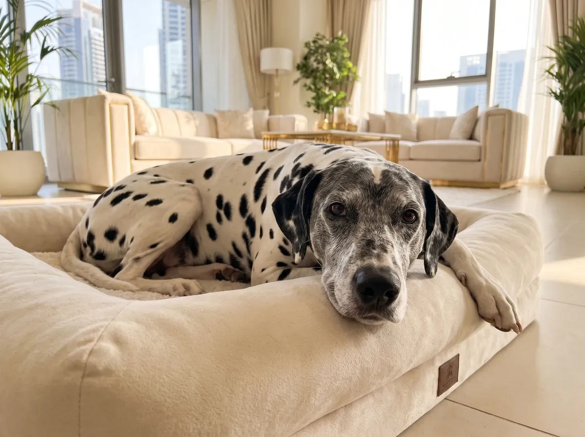 Dalmatian in Dubai, an older dog with a greying muzzle resting on a cream bed, the skyline outside