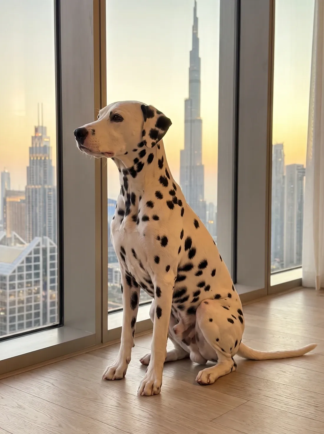 Dalmatian in Dubai, the same adult sitting in profile by a flat window, the Dubai skyline at dusk behind