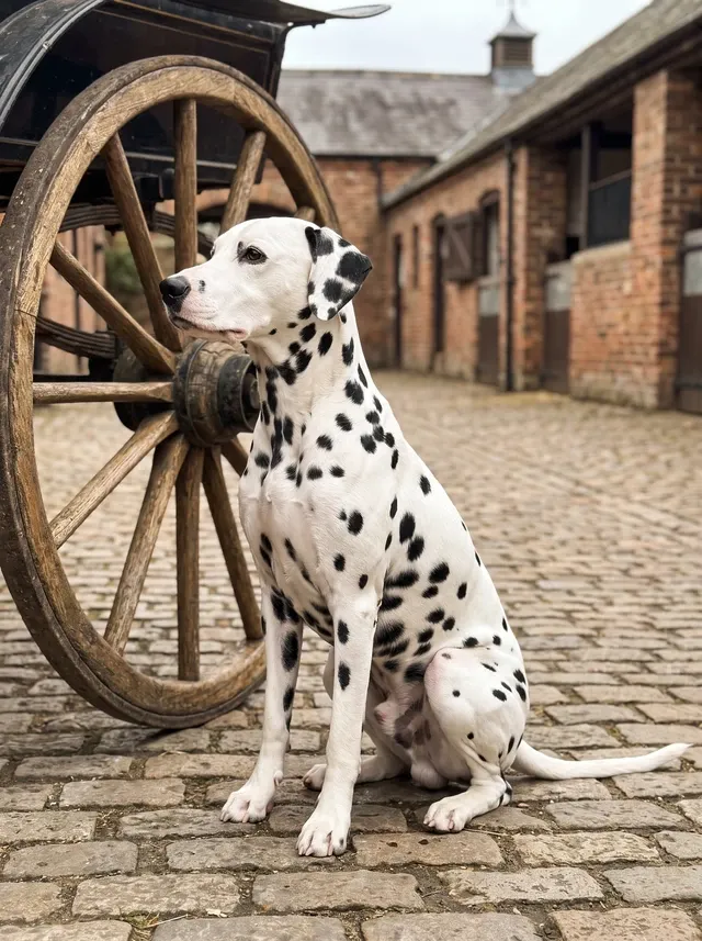Dalmatian, an adult sitting in profile beside a carriage wheel in an old English stable yard