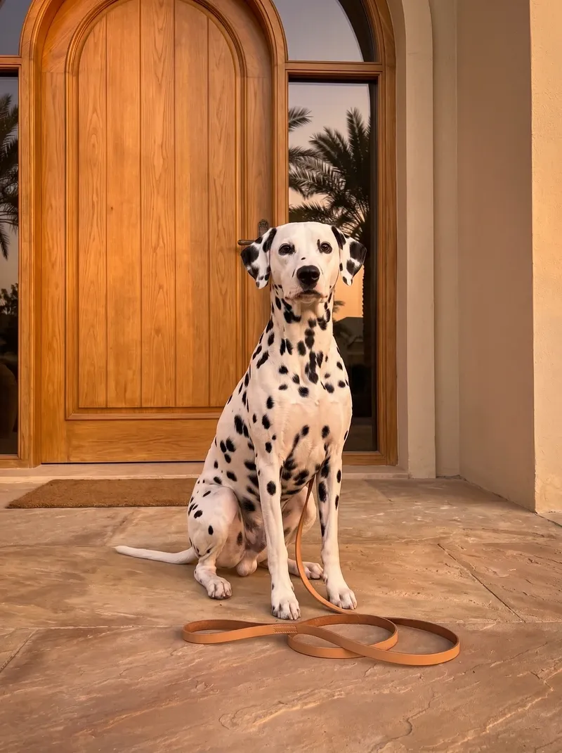 Dalmatian in Dubai, an adult sitting by a villa's arched front door at dusk, a lead on the floor, palms behind