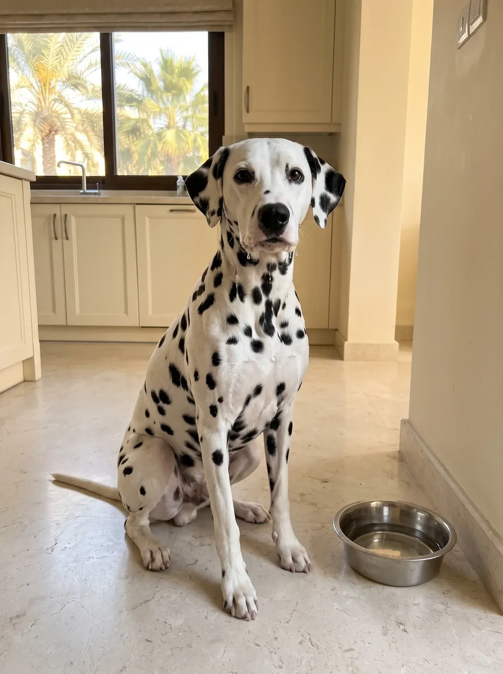 Dalmatian in Dubai, an adult sitting beside a steel water bowl on a cool stone kitchen floor, palms outside