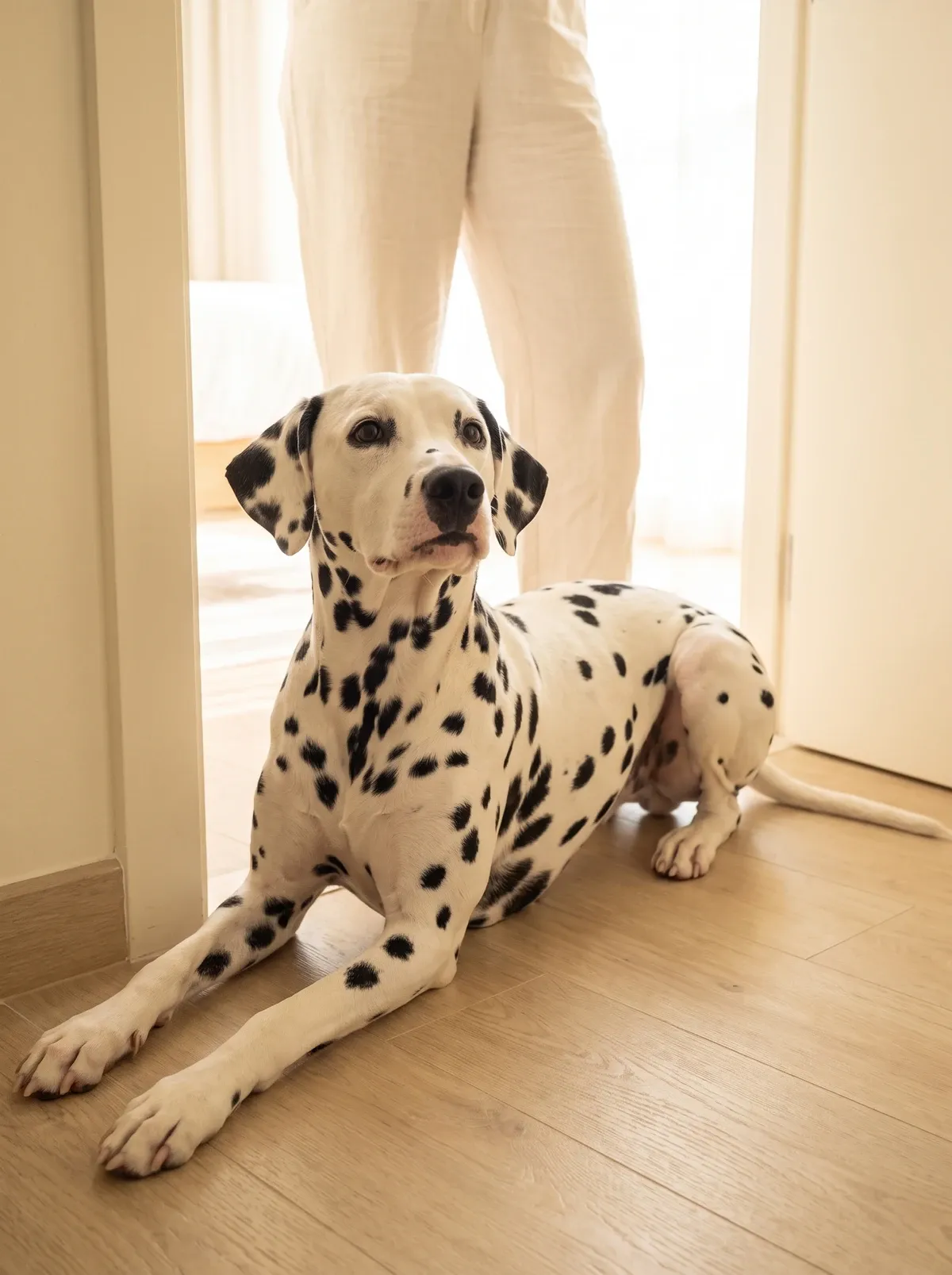 Dalmatian, an adult lying in a hallway doorway, watching their pet parent in the next room