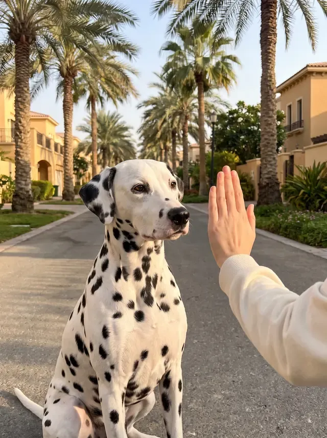 Dalmatian in Dubai, an adult sitting on a palm-lined villa street, watching a pet parent's hand signal