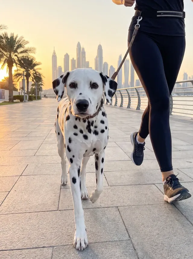Dalmatian in Dubai, an adult trotting beside a jogger on a waterfront promenade at sunrise, the skyline behind