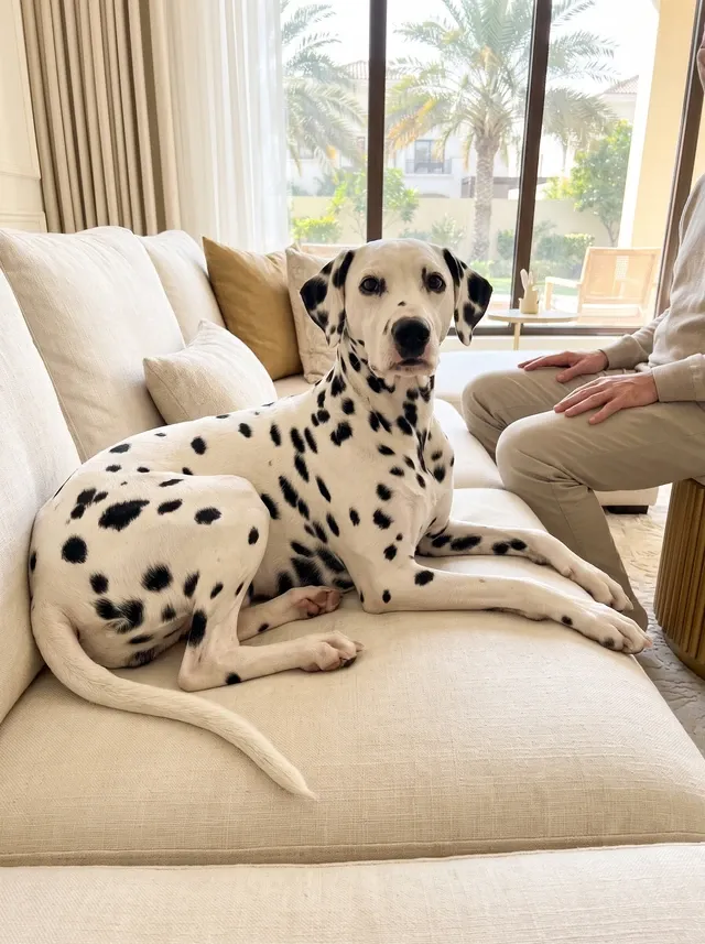 Dalmatian in Dubai, an adult lying on a cream sofa as a guest sits at the far end, palms outside