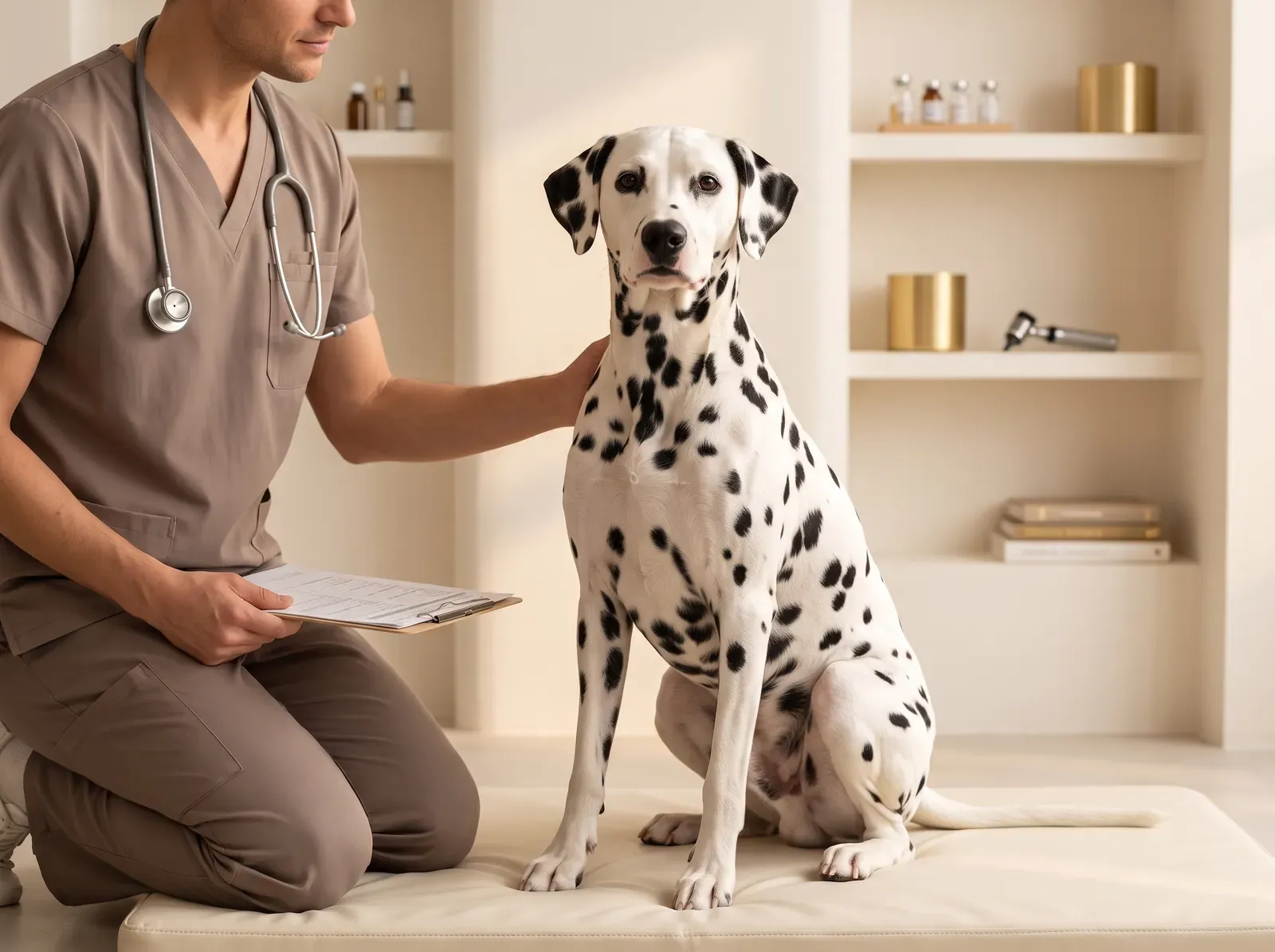 Dalmatian, an adult sitting on a padded mat as a vet in taupe scrubs rests a hand on their shoulder