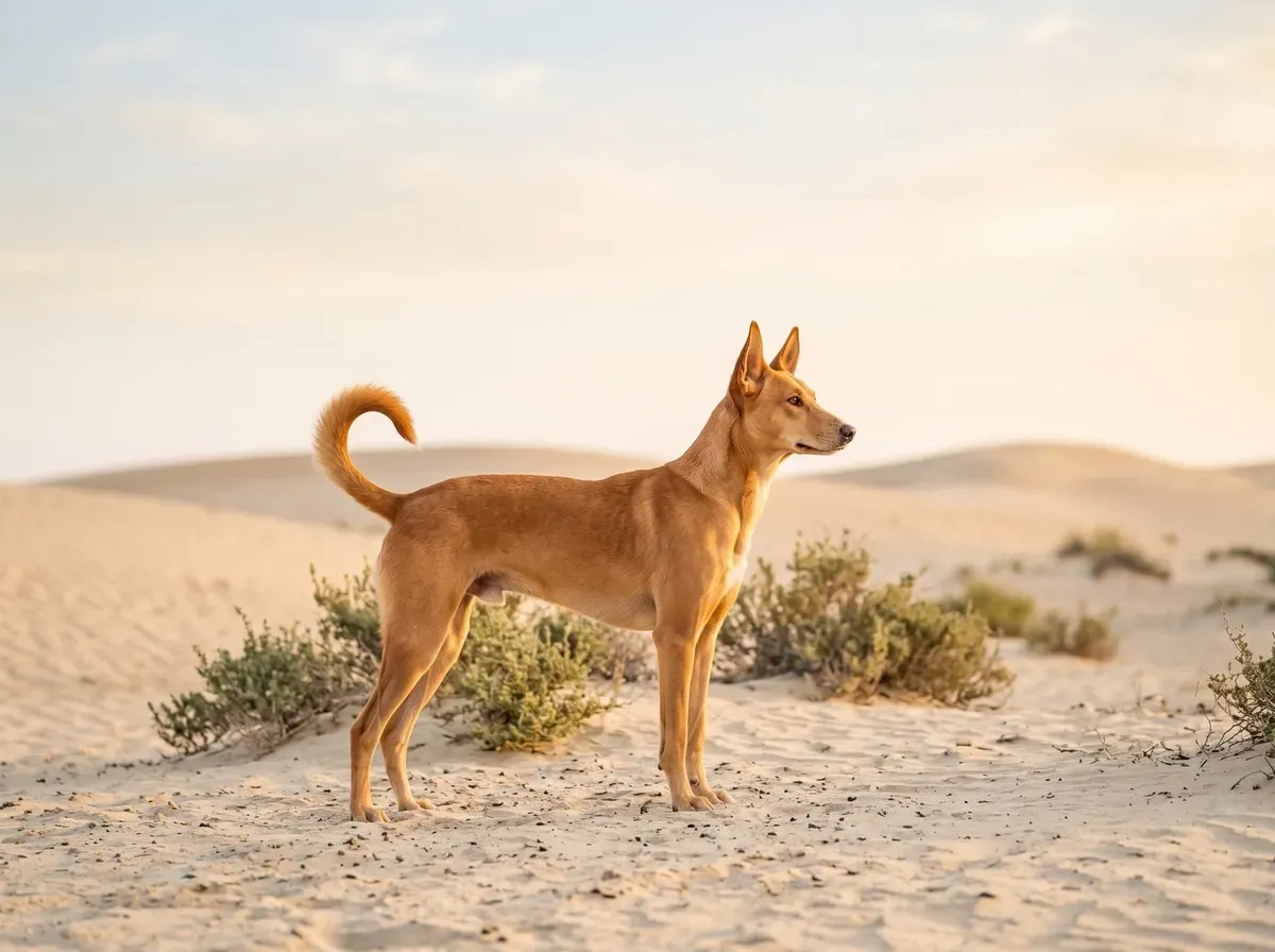 Desert dog in Dubai, a red ginger adult standing on the sand among desert shrubs at sunrise