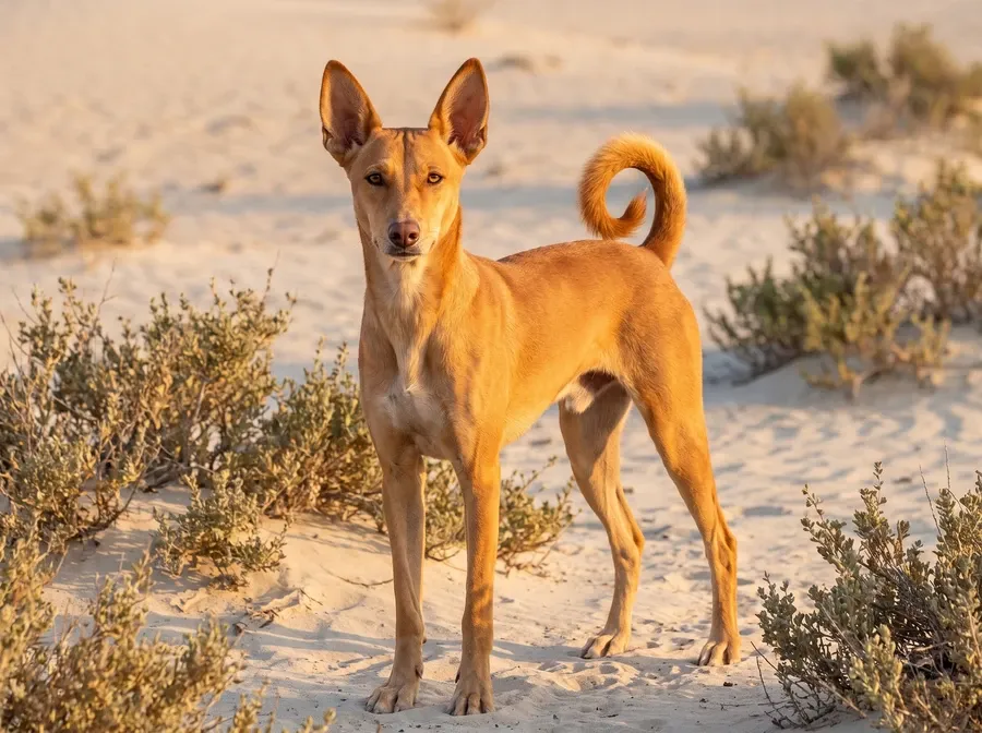 Desert dog in Dubai, a red ginger adult standing on pale sand among low shrubs at sunrise