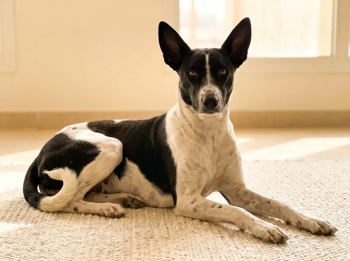 Desert dog in Dubai, a black and white patched adult lying on a cream rug in a bright room