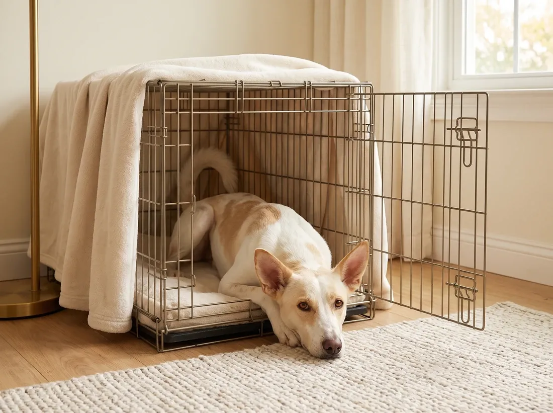 Desert dog in Dubai, a young white and sandy dog resting at the open door of a covered crate