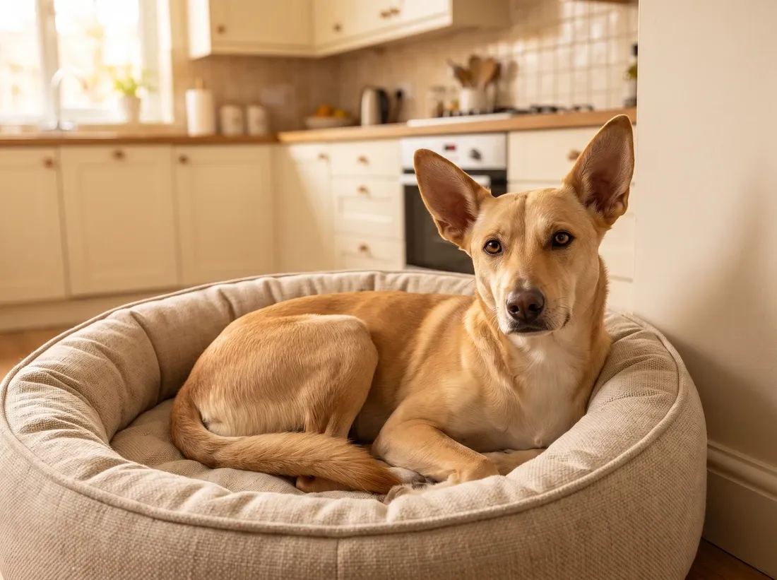 Desert dog in Dubai, a tan adult curled on a round bed in the corner of a kitchen