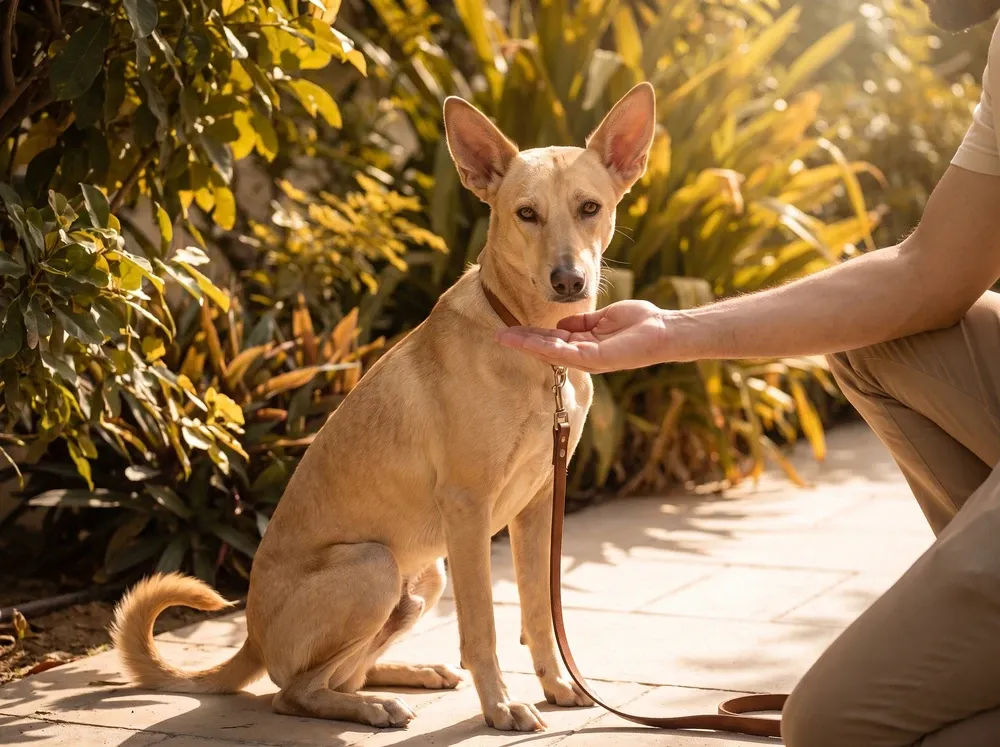 Desert dog in Dubai, a fawn adult sitting calmly on a lead in a shaded garden, a kneeling pet parent's hand held low