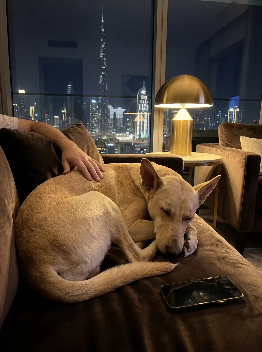 Desert dog in Dubai, a cream adult asleep on a sofa at night beside a pet parent, the skyline outside