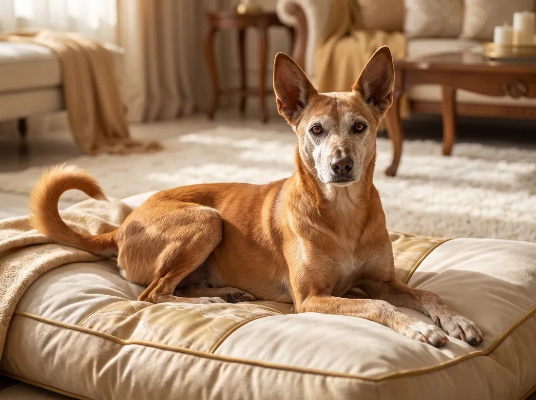 Desert dog in Dubai, an older red ginger adult with a greying face resting on a cushioned bed