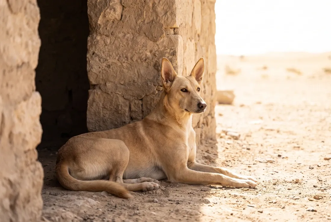 Desert dog history, a fawn village dog resting alert in the shade of an old stone wall