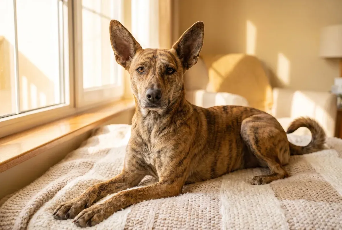 Desert dog history, a brindle adult resting on a blanket by a sunny window in a family home