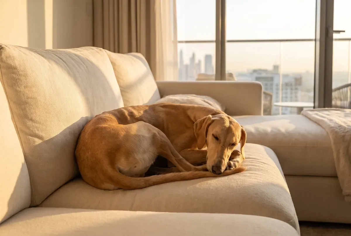 Desert dog history, the breed today, a red fawn adult asleep on a cream sofa, the Dubai skyline behind