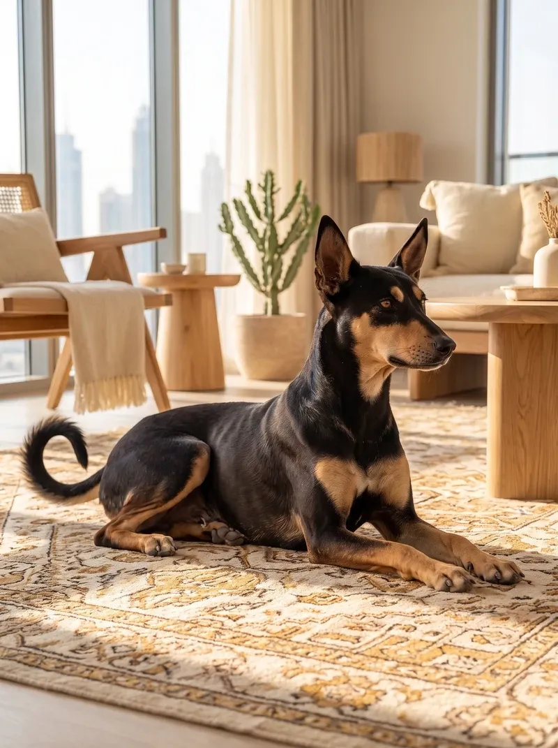 Desert dog in Dubai, the same black and tan adult lying on a patterned rug, the skyline outside