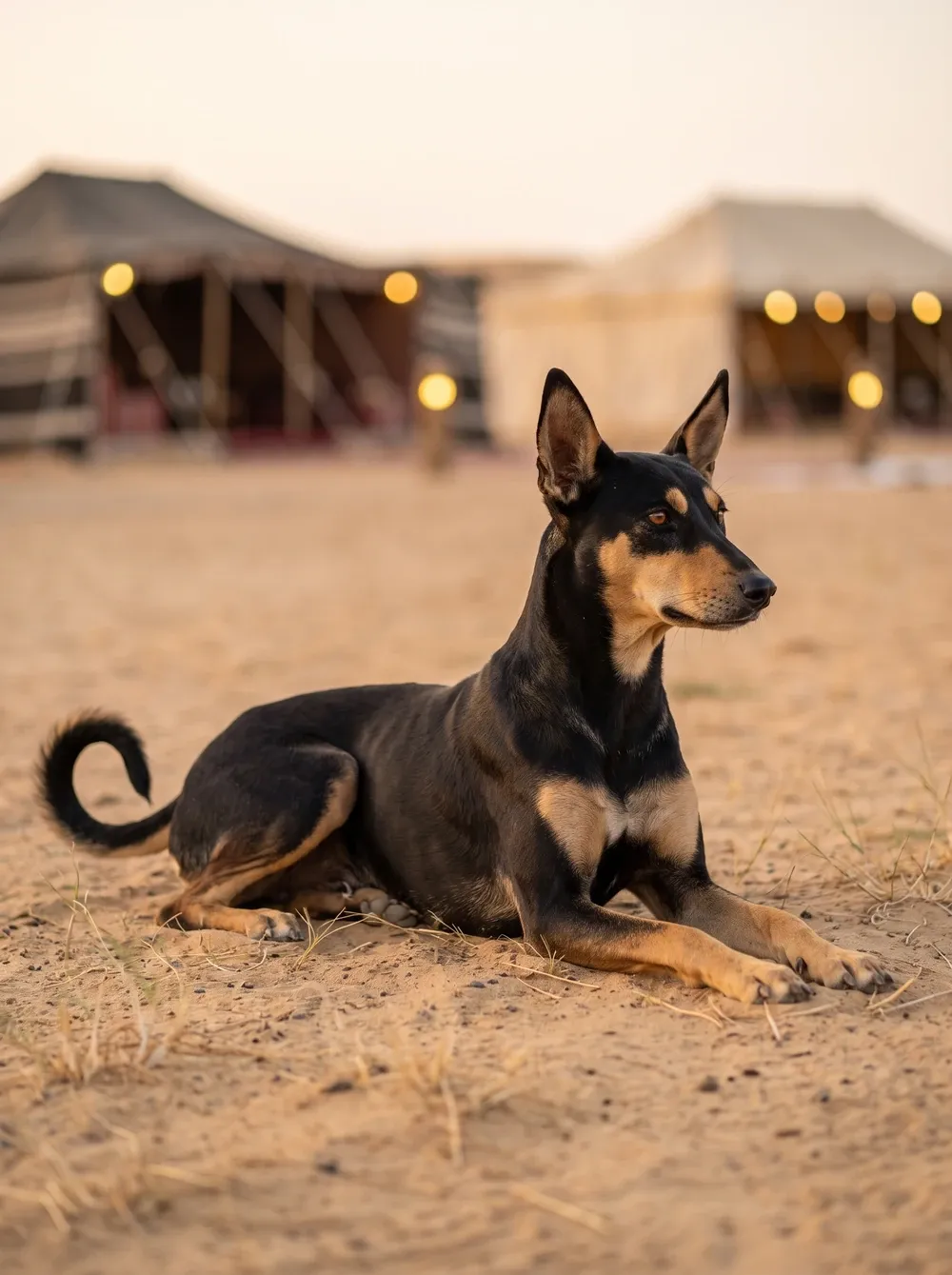 Desert dog in Dubai, a black and tan adult with tall pricked ears lying on the sand in front of lit Bedouin tents