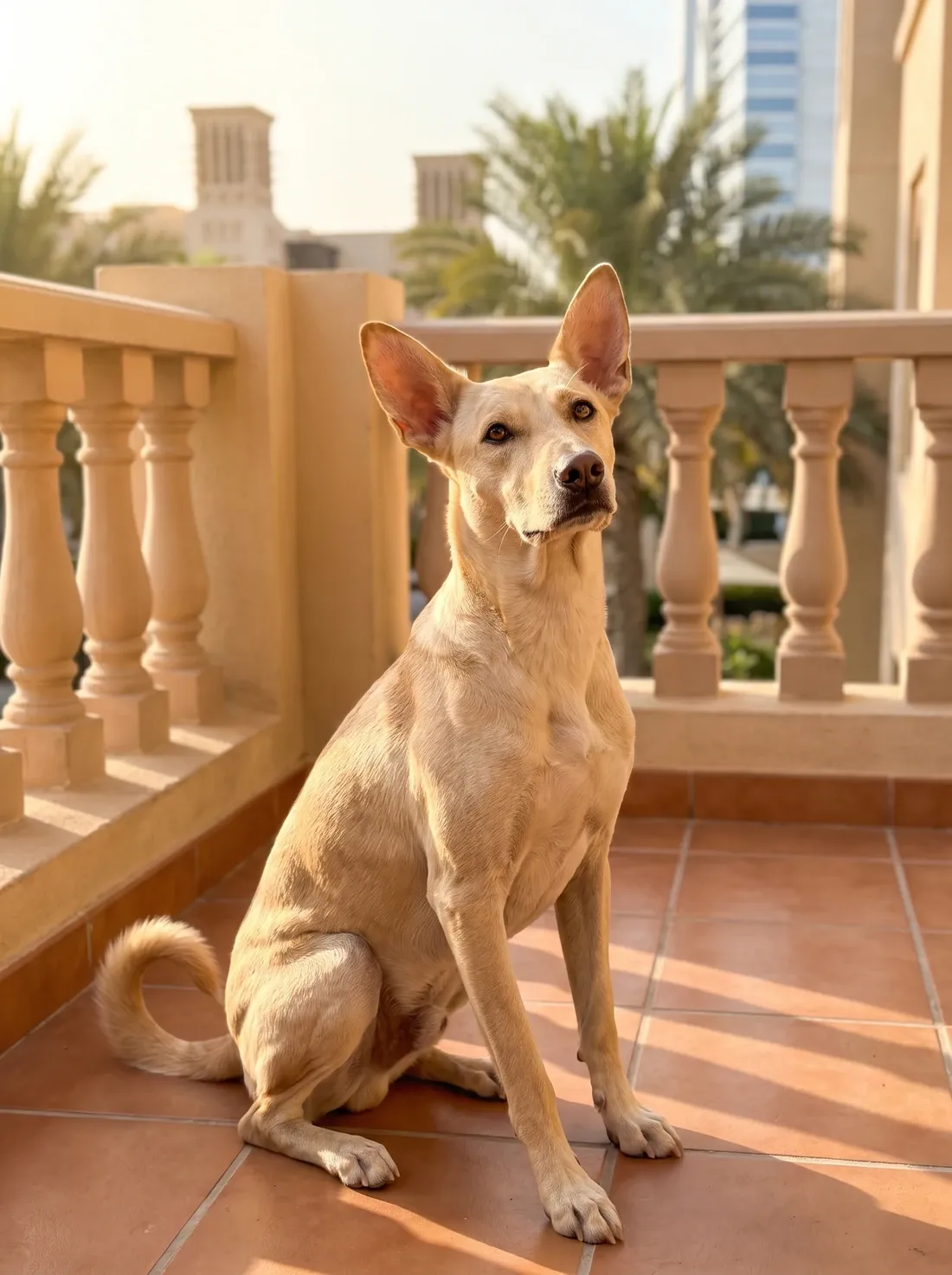 Desert dog in Dubai, a cream adult sitting on a sunny balcony, a wind tower and palms behind