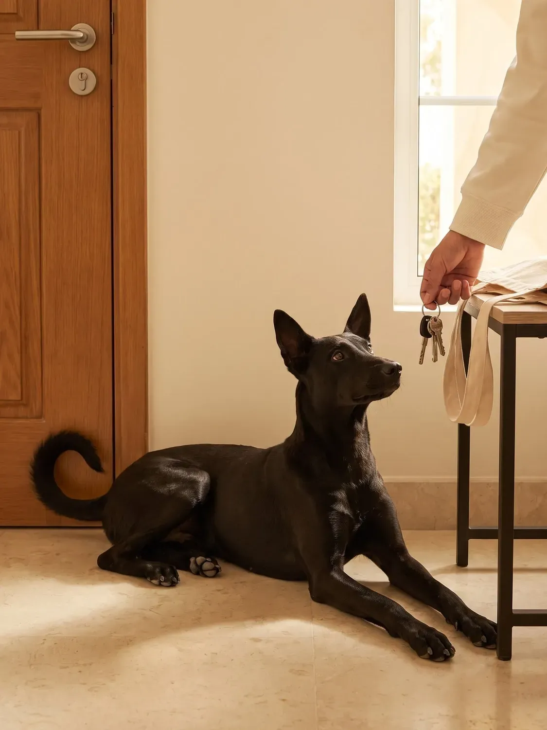 Desert dog in Dubai, a black adult lying by the front door, watching a hand pick up the keys