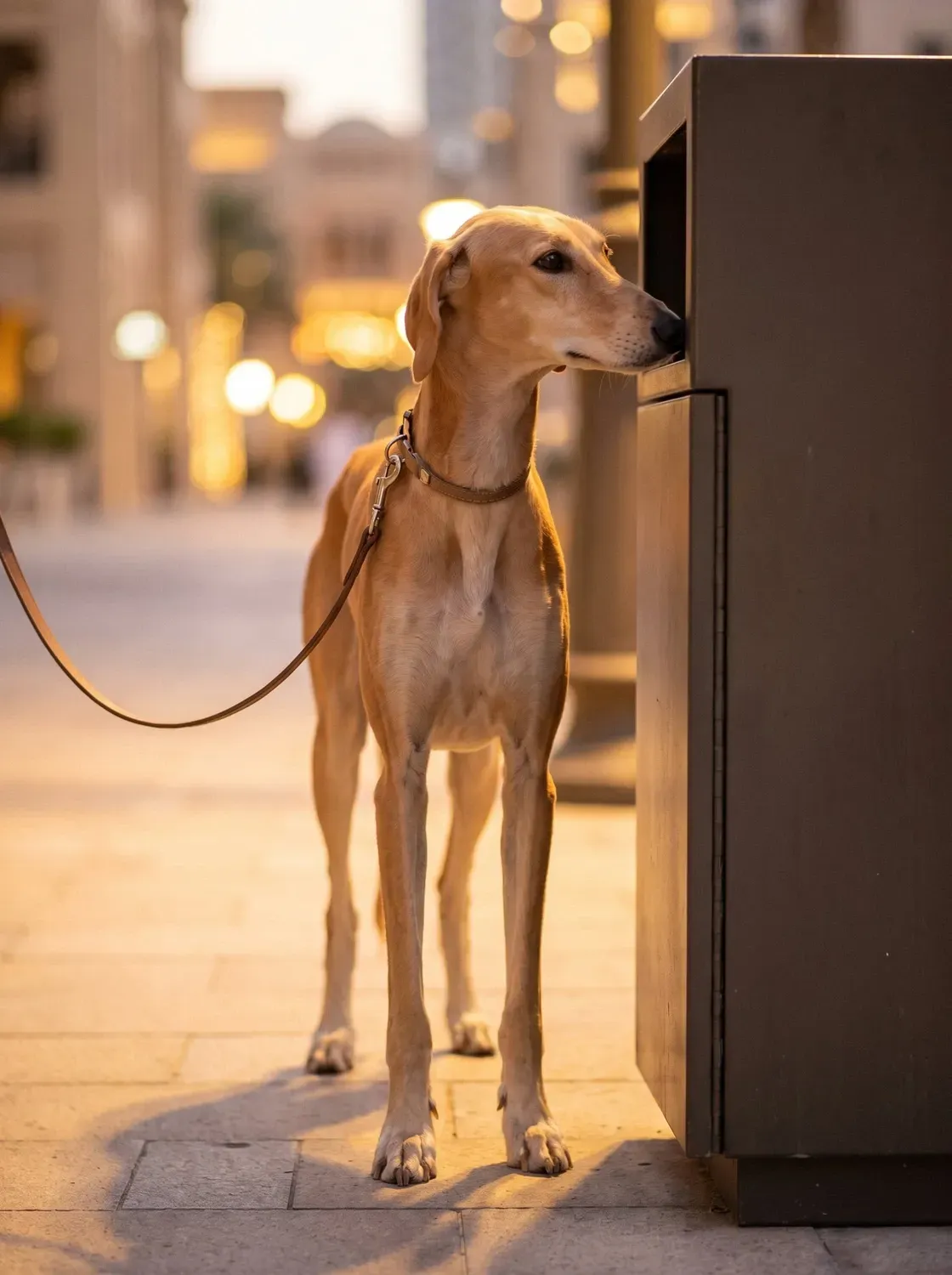 Desert dog in Dubai, a Saluki type adult on a lead, nose to a street bin on a pavement at dusk
