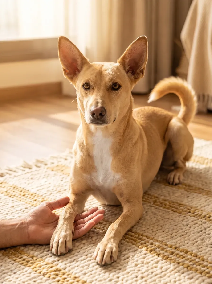 Desert dog in Dubai, a tan adult with a white chest lying on a rug, a pet parent's open hand beside one paw