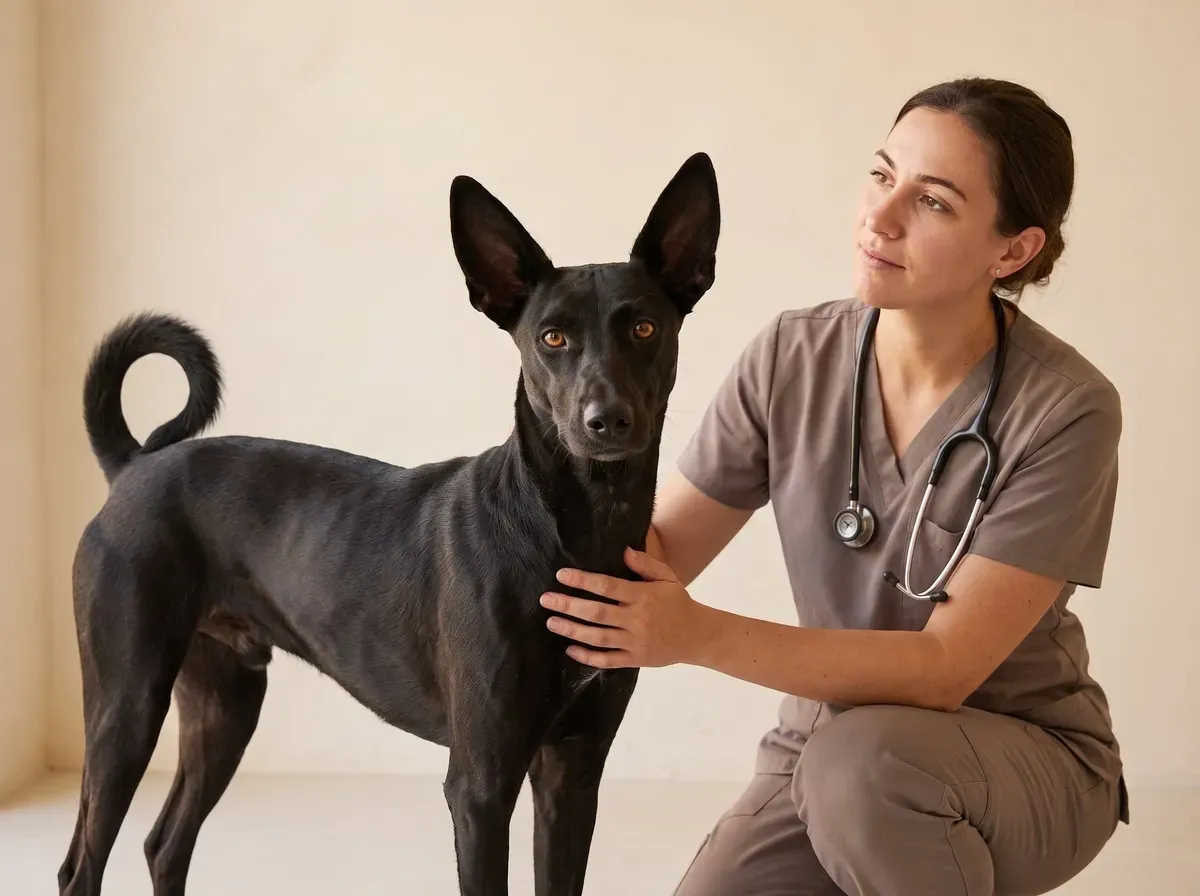 Desert dog in Dubai, a black adult standing as a vet in taupe scrubs kneels alongside, a hand on the dog's chest