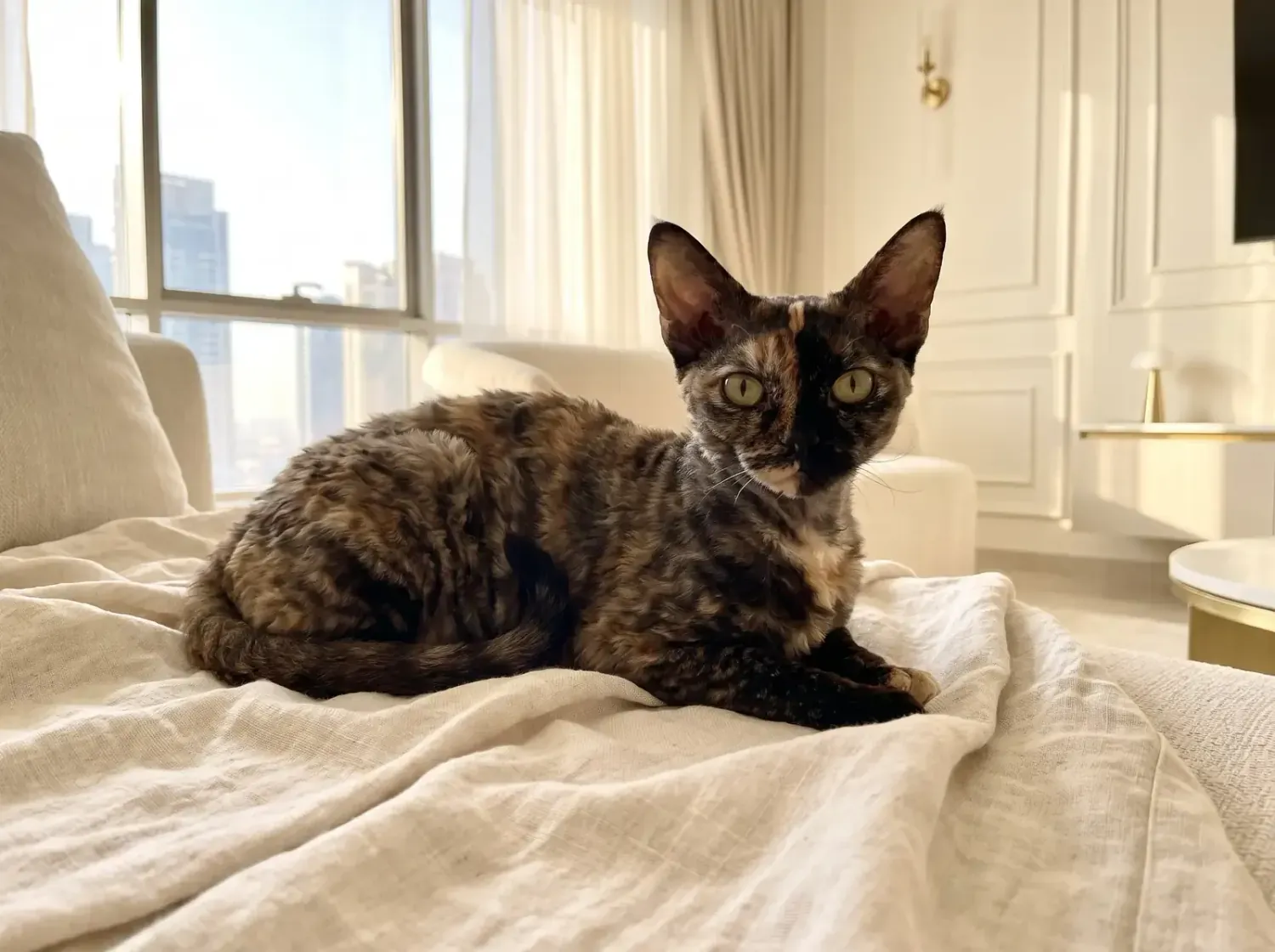 Devon Rex in Dubai, a tortoiseshell adult lying on a cream linen throw, the skyline beyond