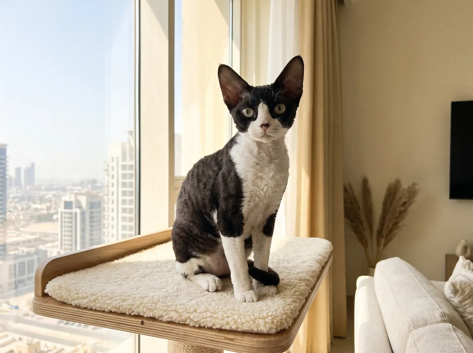 Devon Rex in Dubai, a black and white adult on a fleece-topped perch by a window over the city
