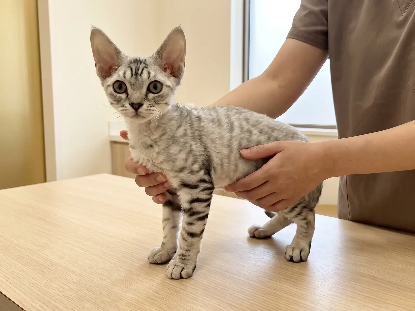 Devon Rex, a silver tabby kitten on a consultation table, steadied by hands in taupe scrubs