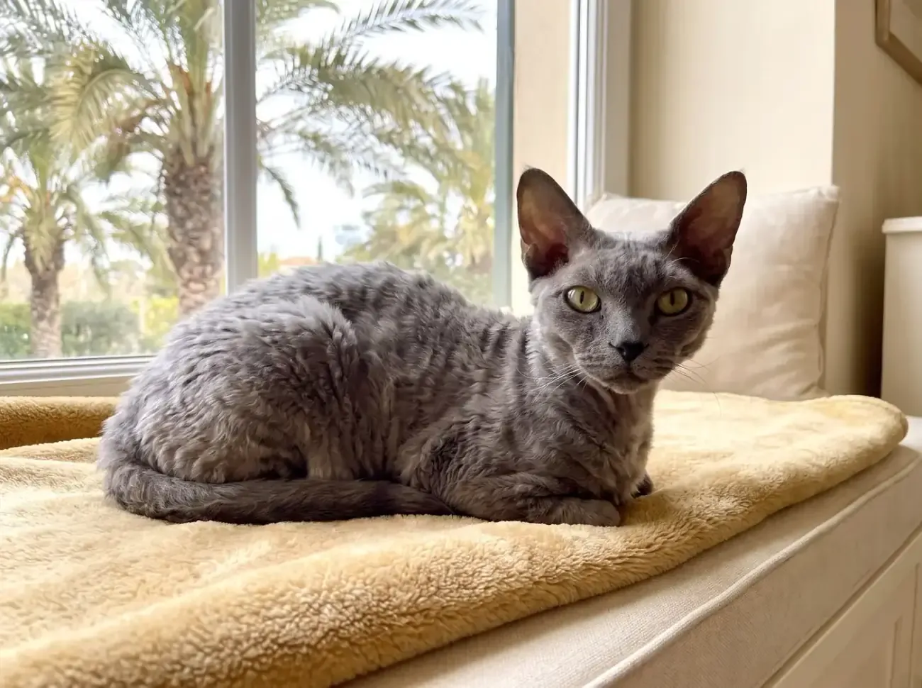 Devon Rex in Dubai, an older blue cat resting on a fleece-covered window seat, date palms outside