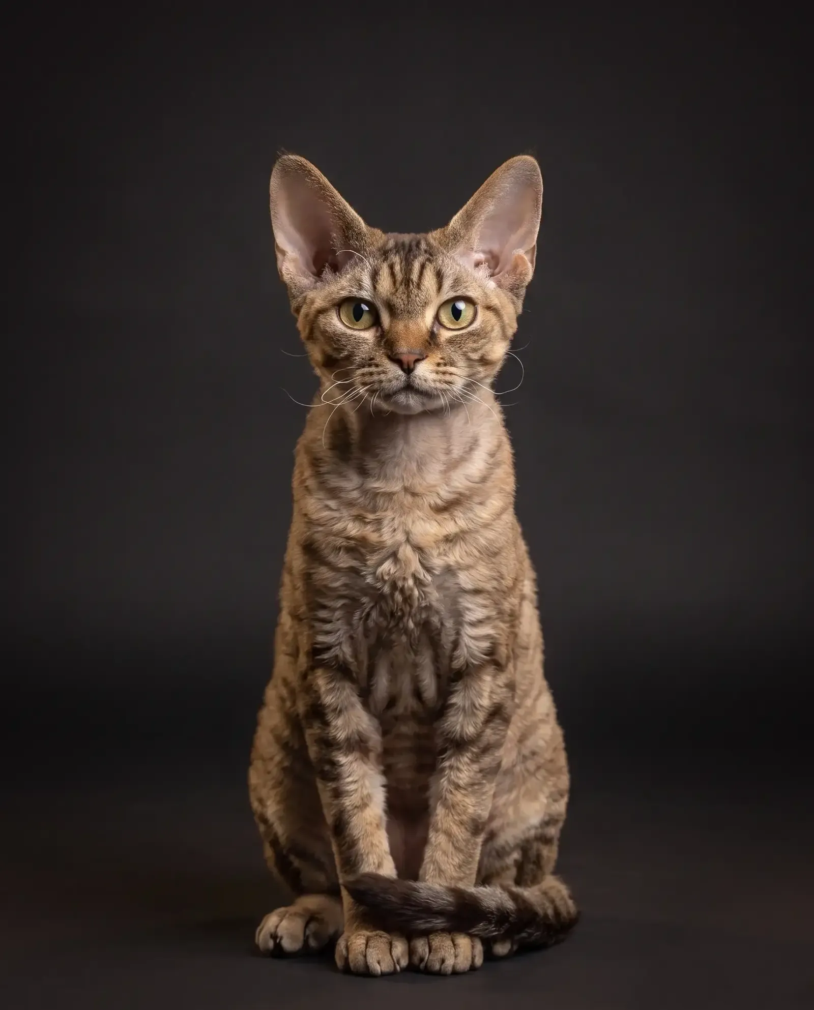 Devon Rex in Dubai, studio portrait of a calm brown tabby adult sitting
