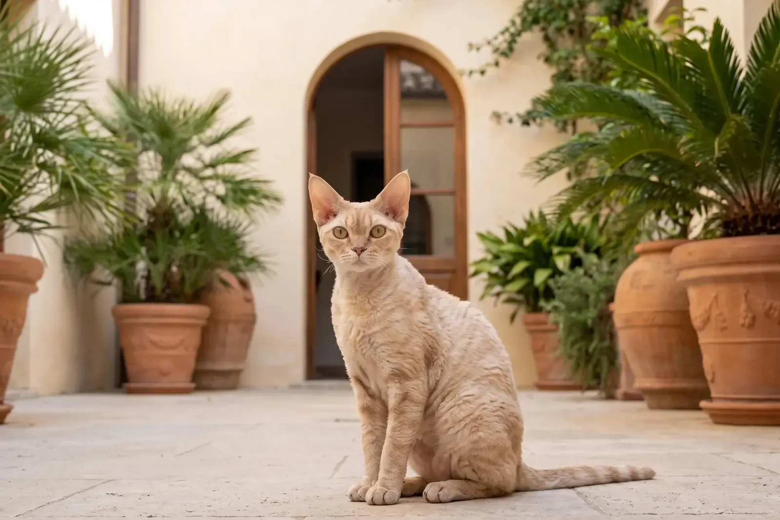 Devon Rex history, the breed today, a cream adult in a shaded villa courtyard, Dubai, 2026