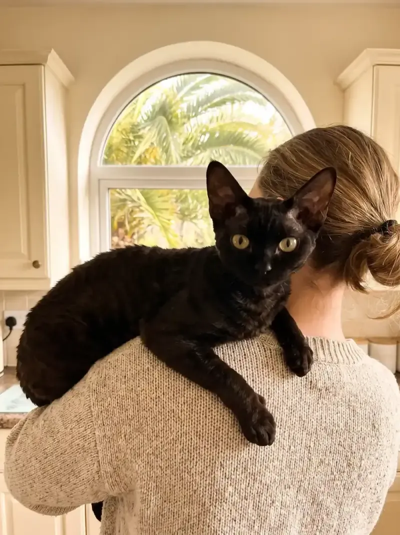 Devon Rex in Dubai, a black adult draped over a pet parent's shoulder, palms through an arched window