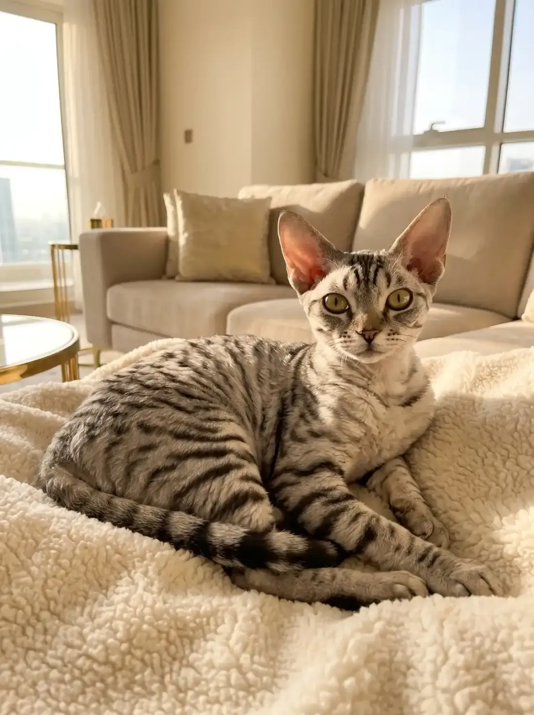 Devon Rex in Dubai, a silver tabby adult lying on a cream fleece blanket, the skyline beyond