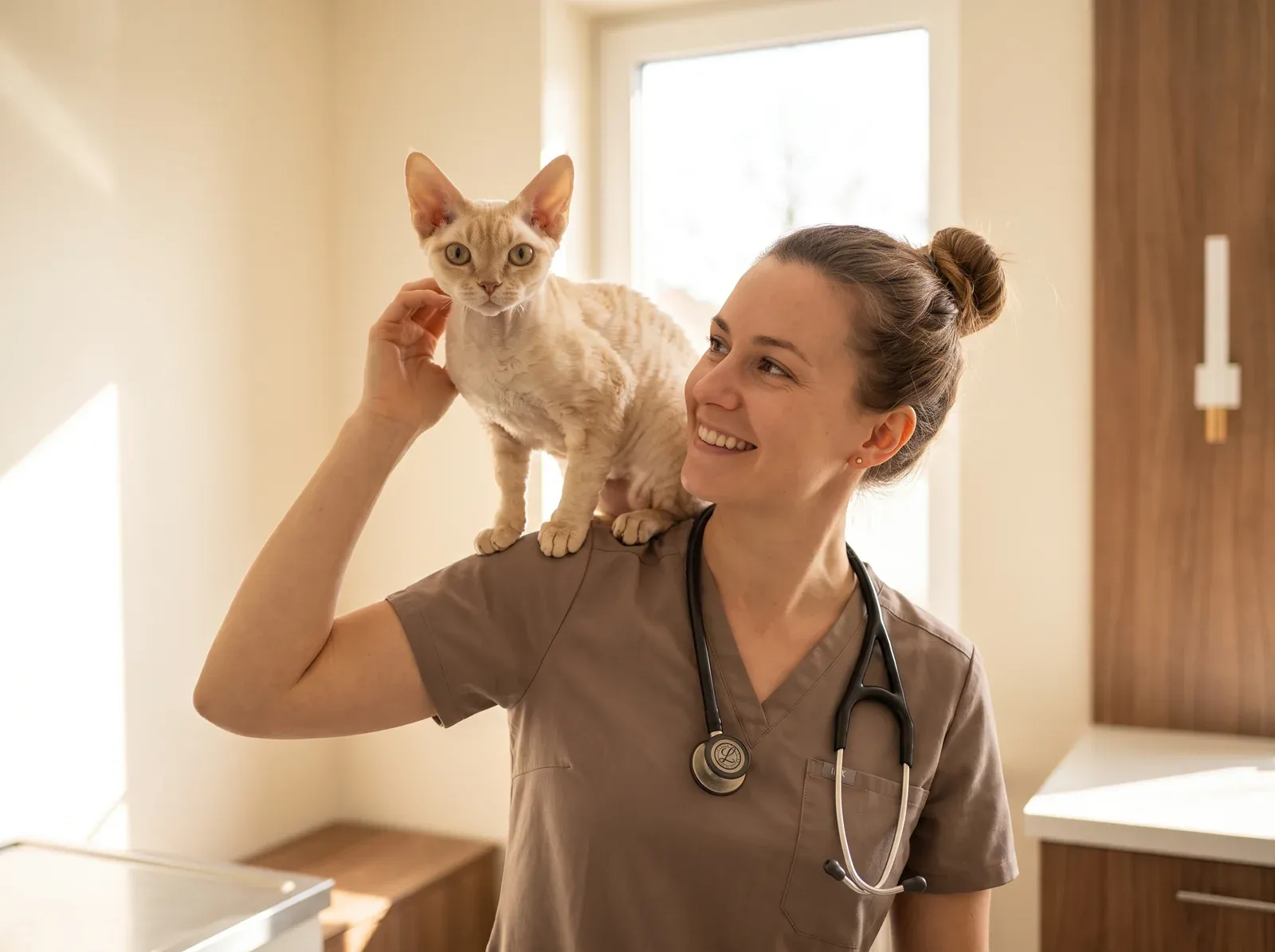 Devon Rex, a cream adult perched on the shoulder of a smiling vet in taupe scrubs