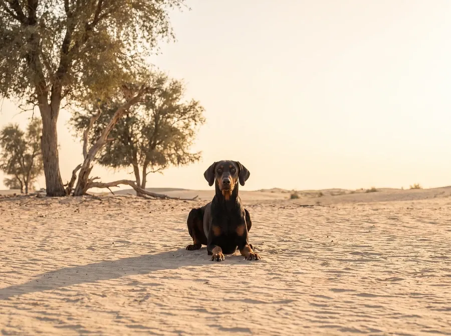 Doberman Pinscher in Dubai, a black and rust adult lying with head up on desert sand among ghaf trees