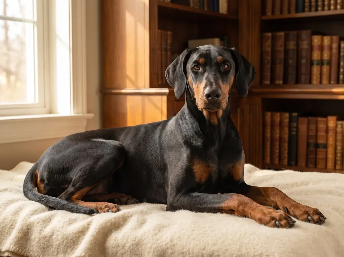 Doberman Pinscher, a black and rust adult lying on a cream blanket in a quiet study