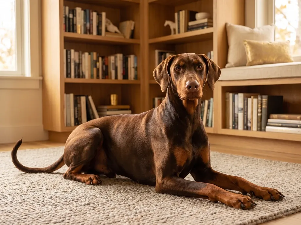 Doberman Pinscher, a red and rust adult lying on a woven rug in a reading room