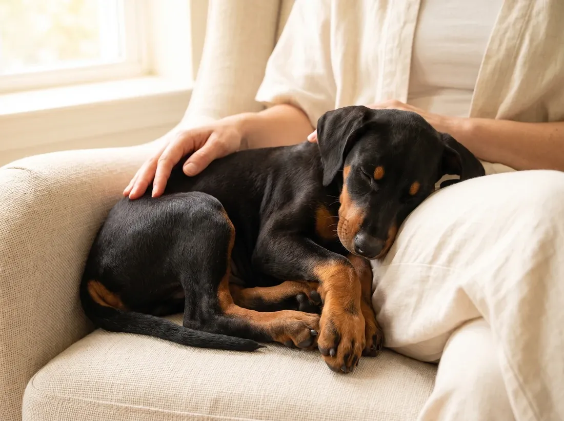 Doberman Pinscher, a black and rust puppy asleep in a pet parent's lap in a linen armchair
