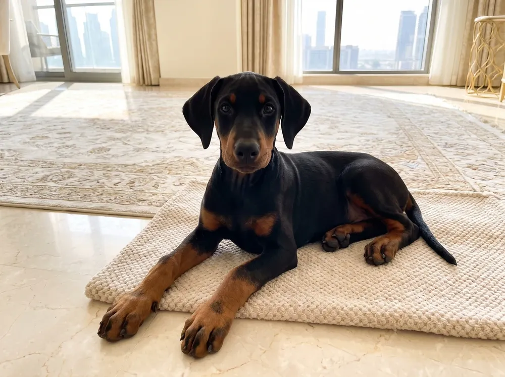 Doberman Pinscher in Dubai, a puppy lying on a mat in a bright flat, the skyline through the window