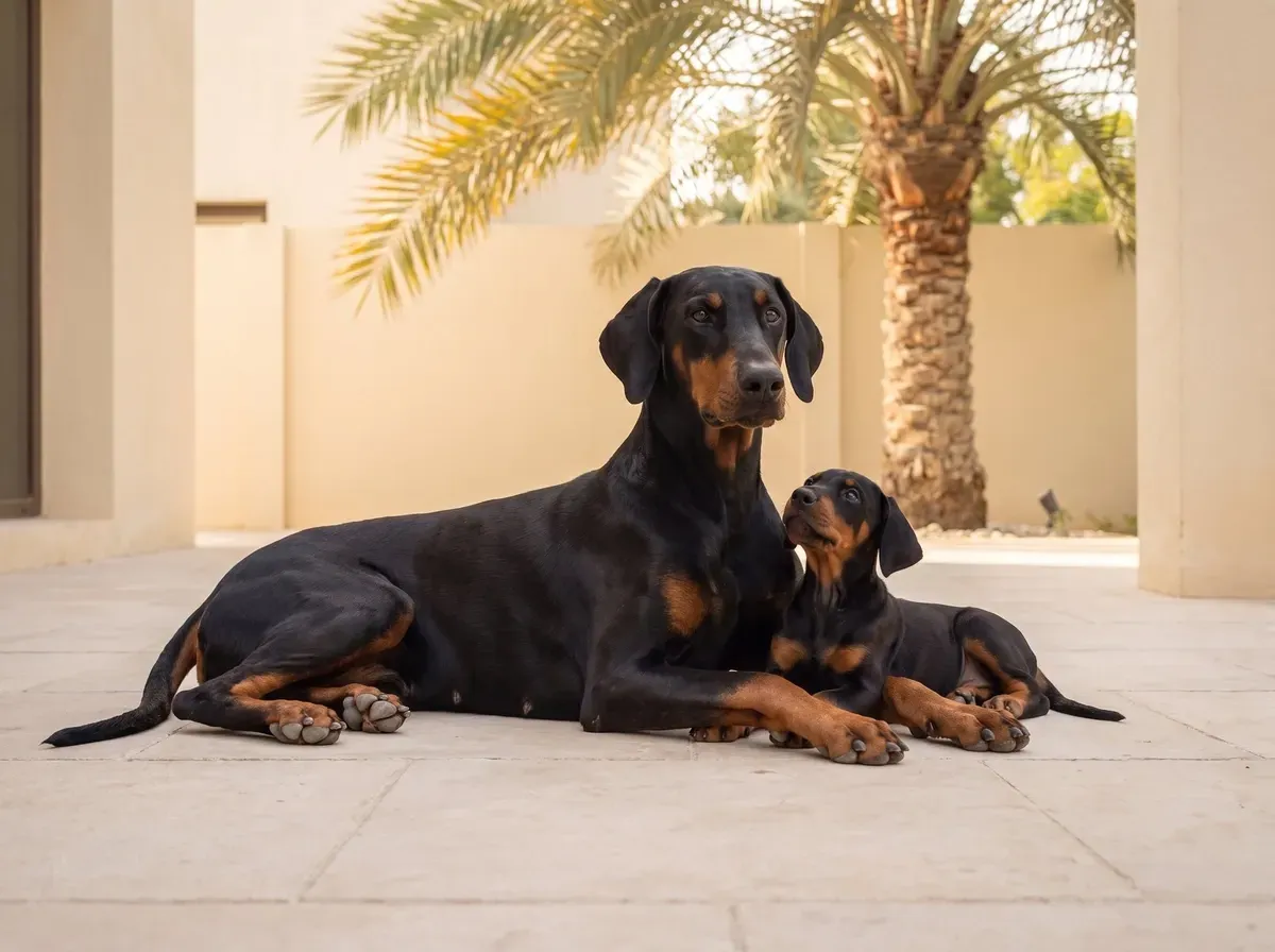 Doberman Pinscher in Dubai, a mother lying beside a puppy in a shaded villa courtyard with a date palm