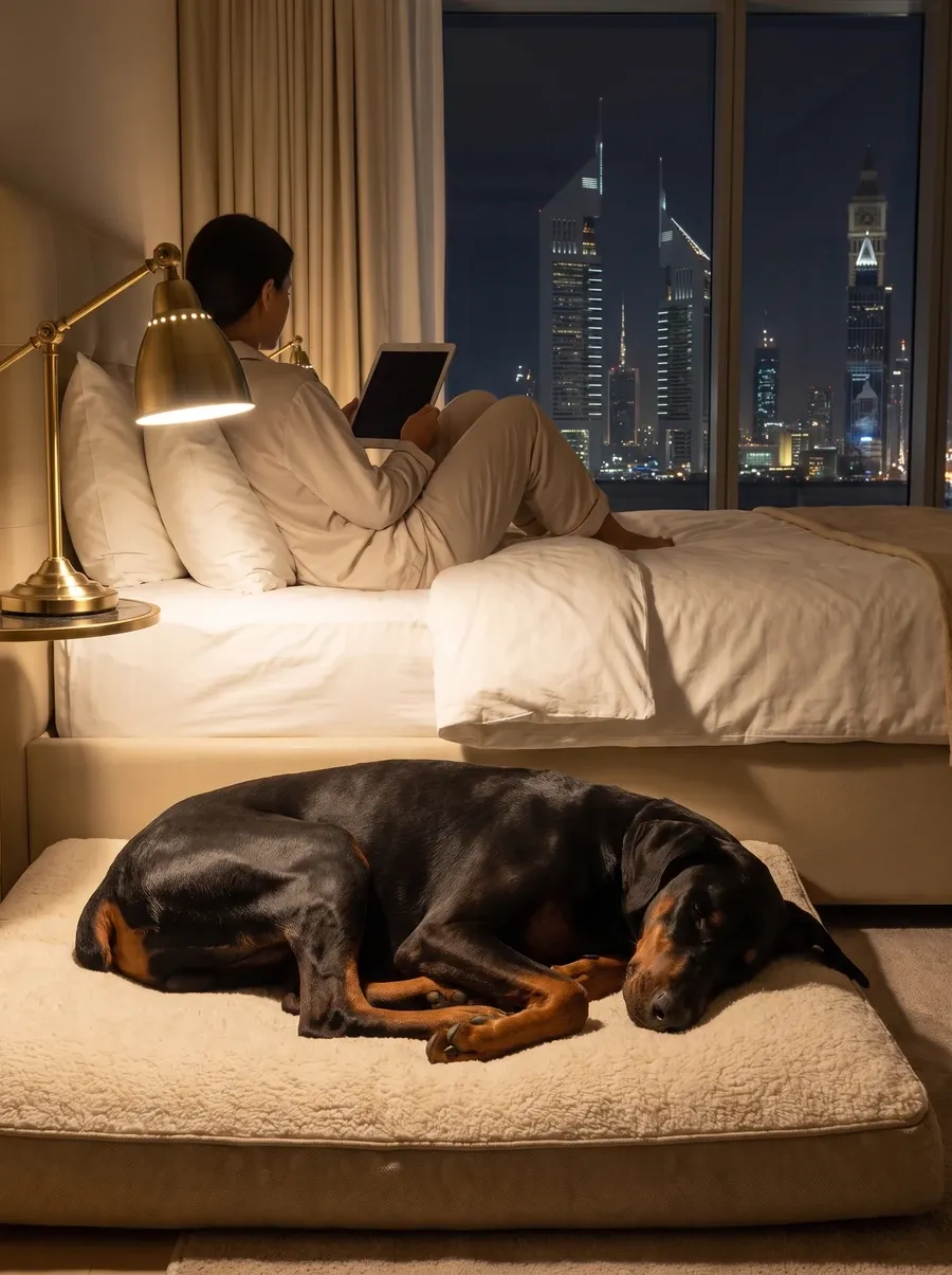Doberman Pinscher in Dubai, asleep on a cream dog bed at night as a pet parent reads, the skyline beyond