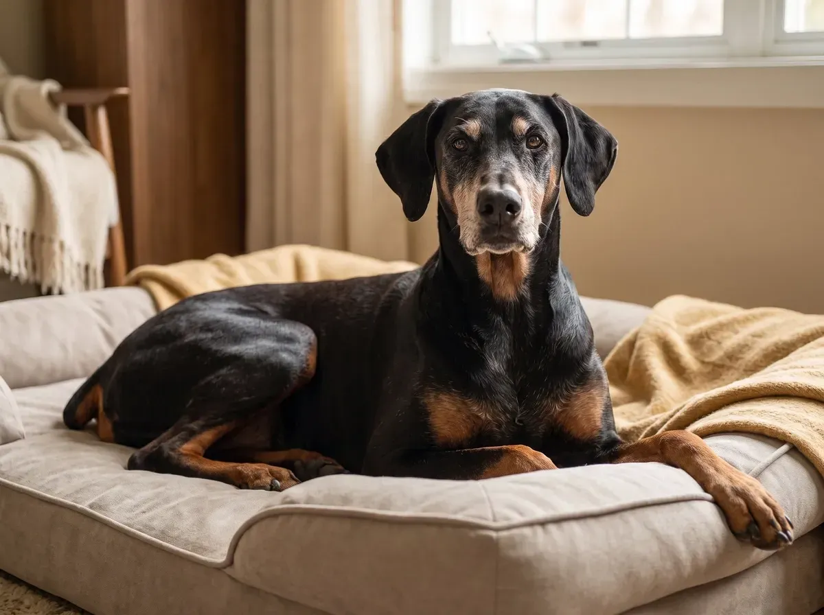 Doberman Pinscher, an older black and rust dog with a greying muzzle resting on a soft bed