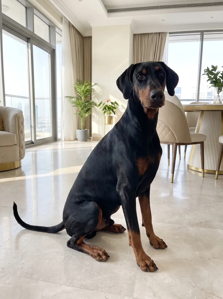 Doberman Pinscher, a black and rust adult sitting side-on on cool marble in a bright flat