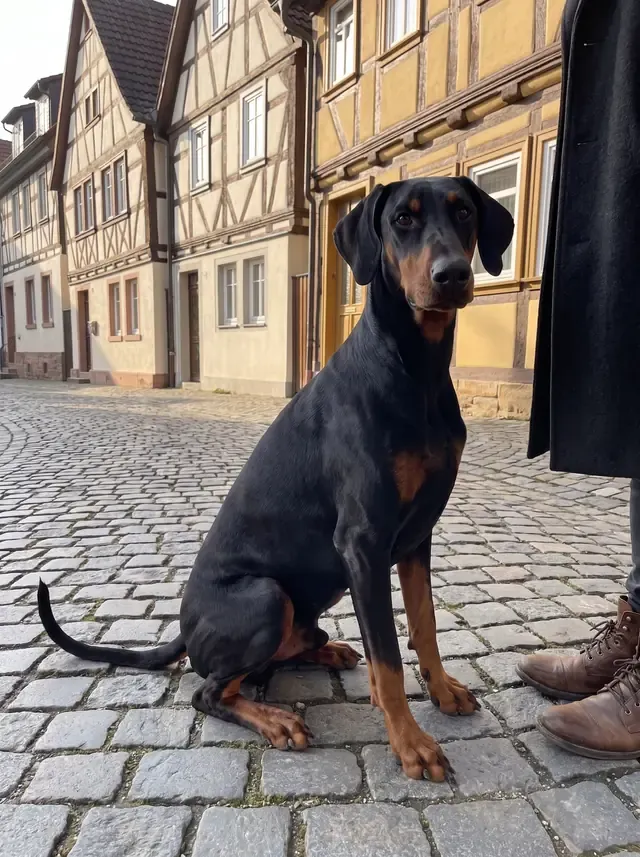 Doberman Pinscher, a black and rust adult sitting side-on on a cobbled street in an old German town