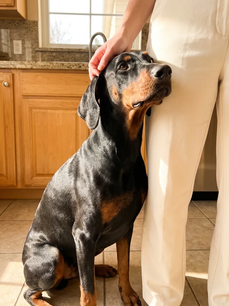Doberman Pinscher, an adult sitting against a pet parent's legs in a sunny kitchen, a hand on the dog's head