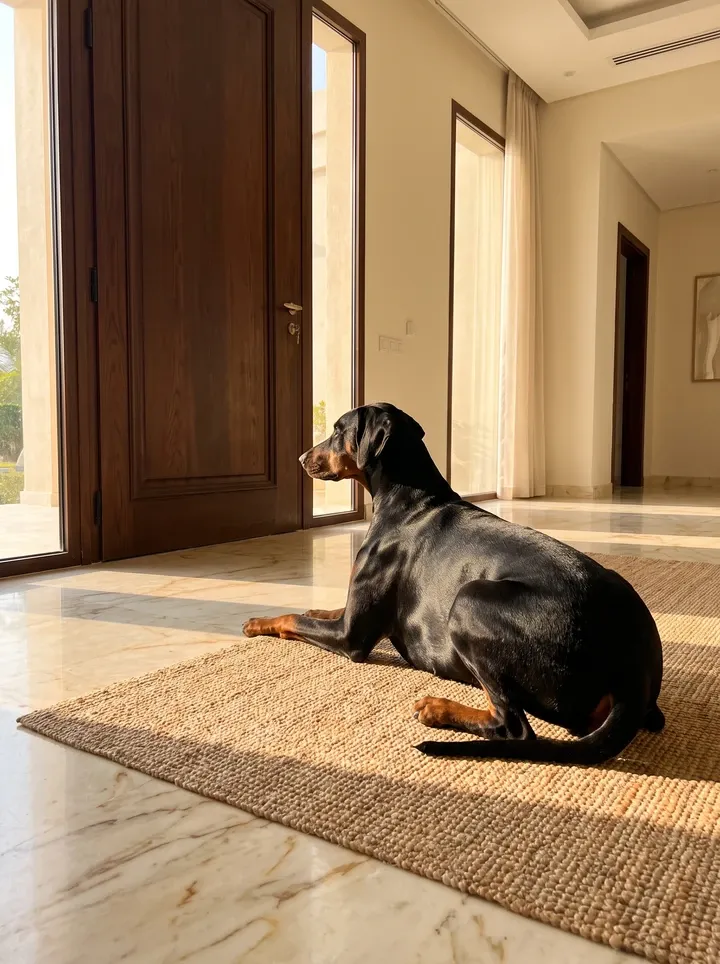 Doberman Pinscher, a black and rust adult lying on a mat in a marble villa hallway, watching the front door